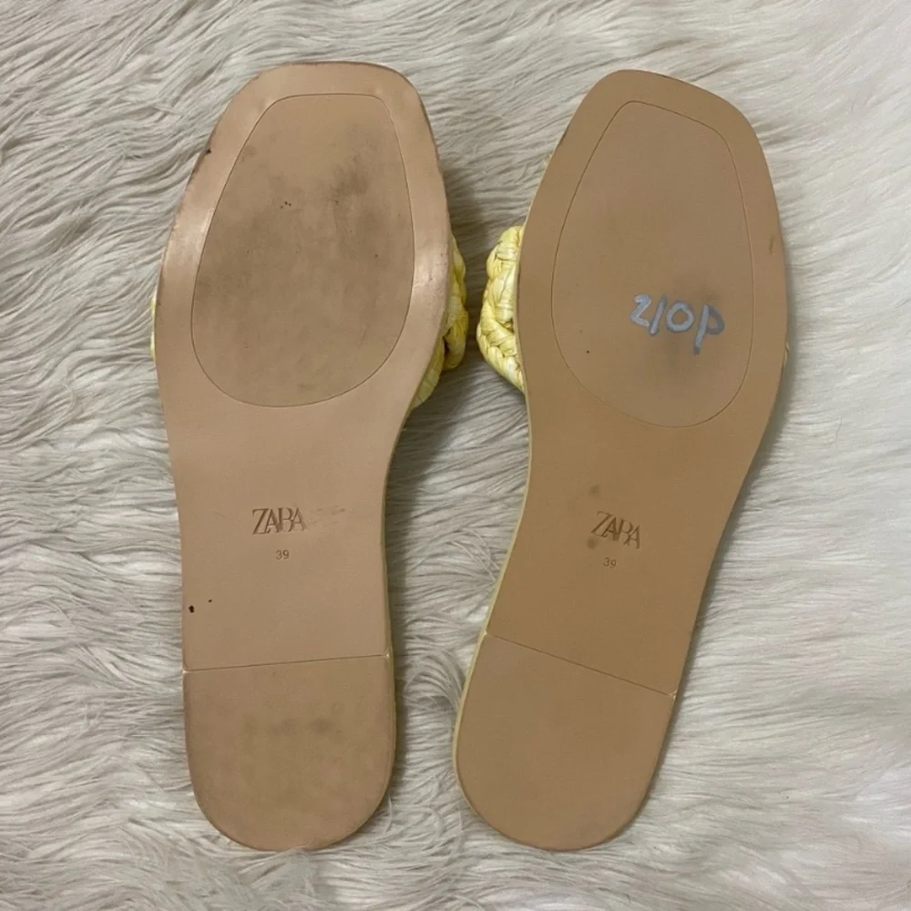 Zara Pastel Yellow Woven Raffia Braided Strap Slip On Open Toe Flat Sandals 39 - Picture 9 of 11